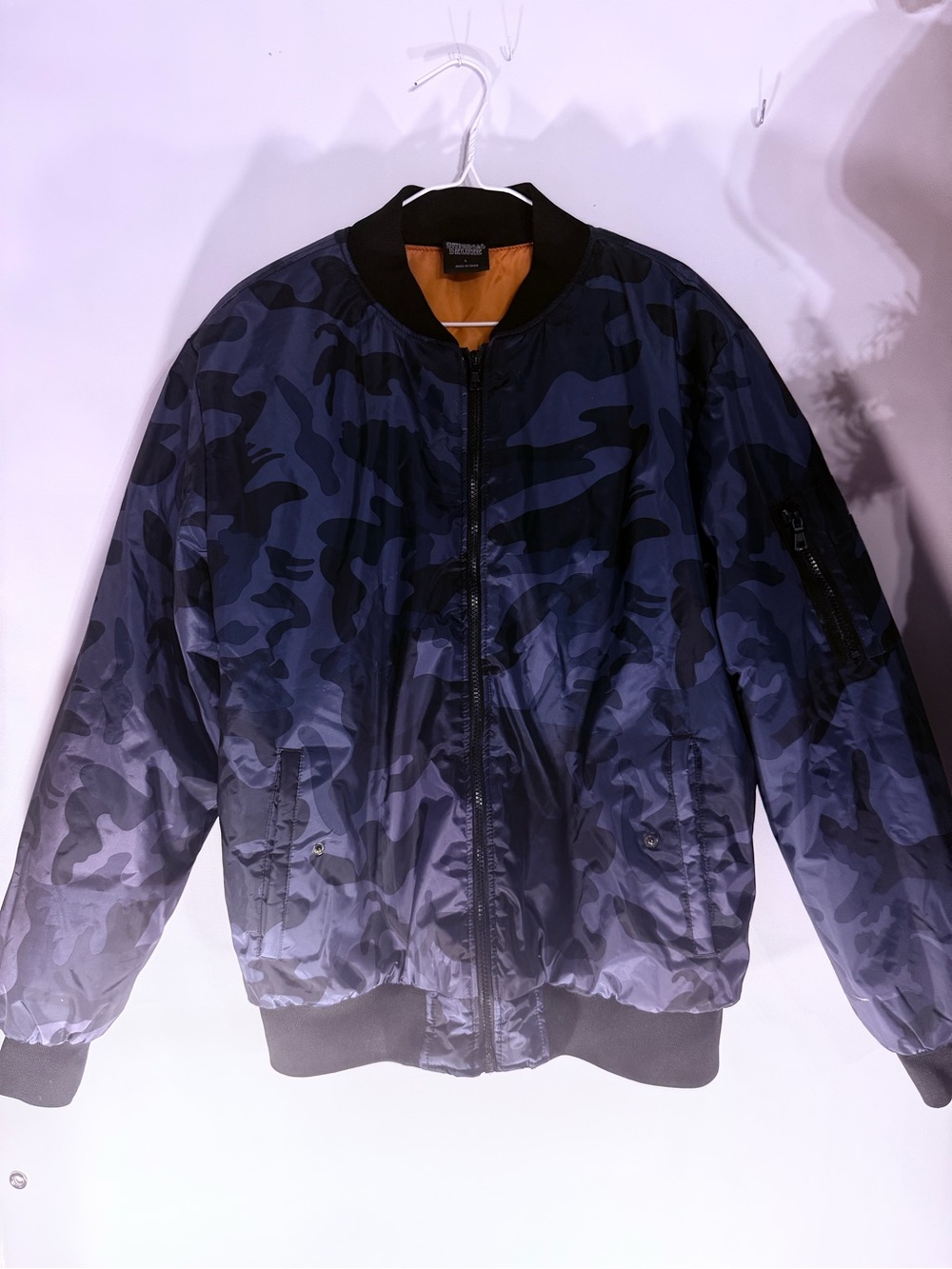 Original Deluxe Navy Camo Bomber Jacket with Orange Lining